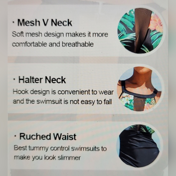 NWT Mesh Detail V Neck Support Bra back Clasp Ruched Slimming Modest swim suit - Picture 3 of 16